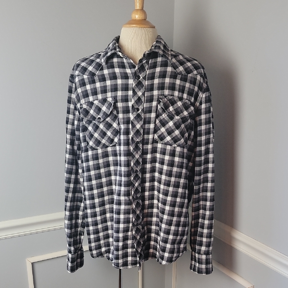 ROEBUCK & CO Black White Buffalo Plaid Flannel Western Snap Closure Casual Shirt